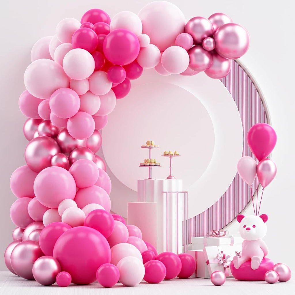 NISOCY Pink Balloons Garland Arch Kit - 124pcs Hot Pink Metallic Balloons for Valentine's Day & Birthday Decor
