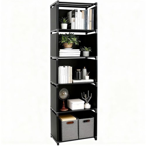 Gmrithaf 6 Tier Book Shelf, Storage Shelves with Non-Woven & Metal Frame, Stable Kids Bookshelf, Bookcase Cube Storage Organizer for Kids Rooms, Living Room, Office, Bedroom, (Black, 6 Tier - 5 Cubes)