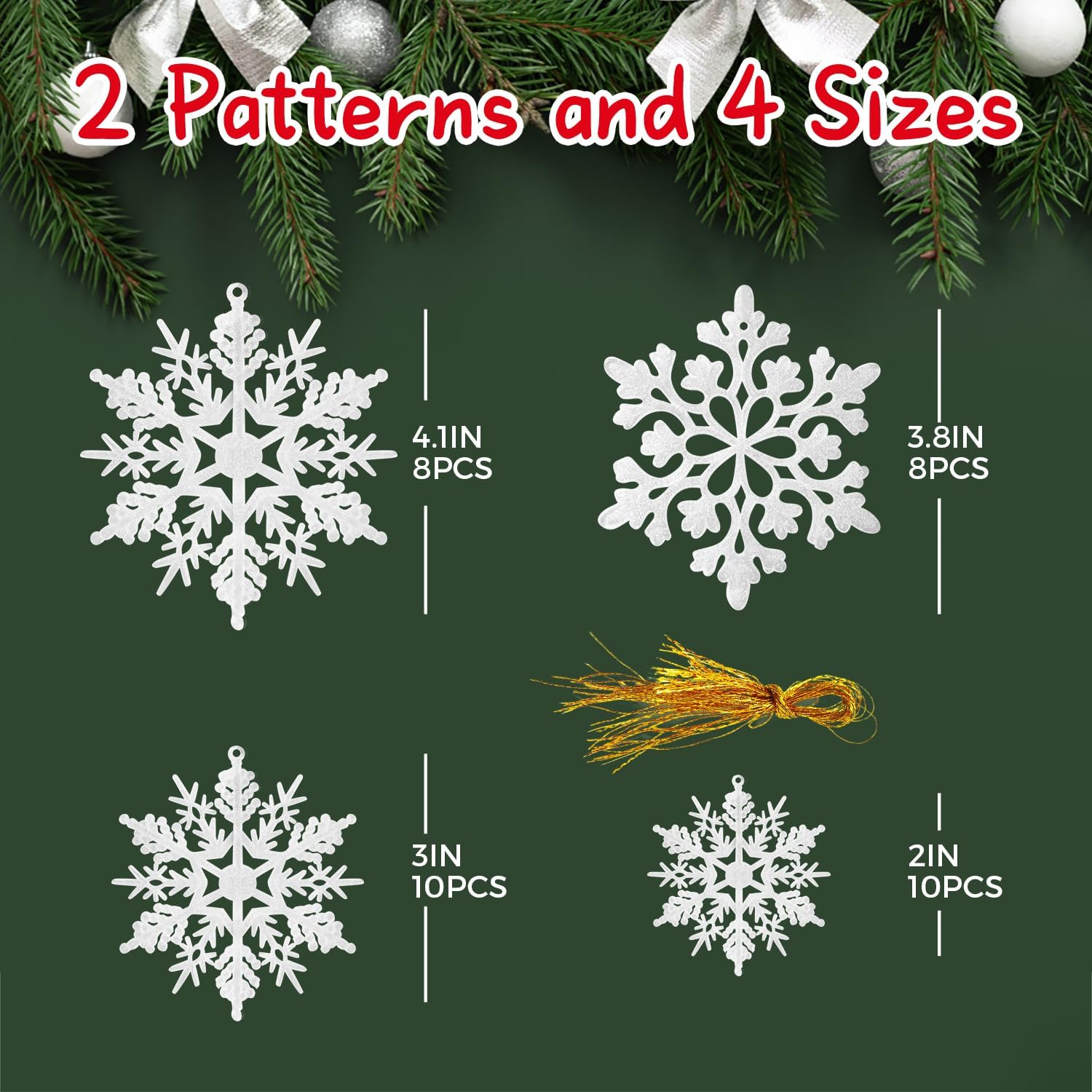 Skiennix 36-Pack Snowflake Christmas Tree Ornaments - White Glitter Decorations for Festive Cheer