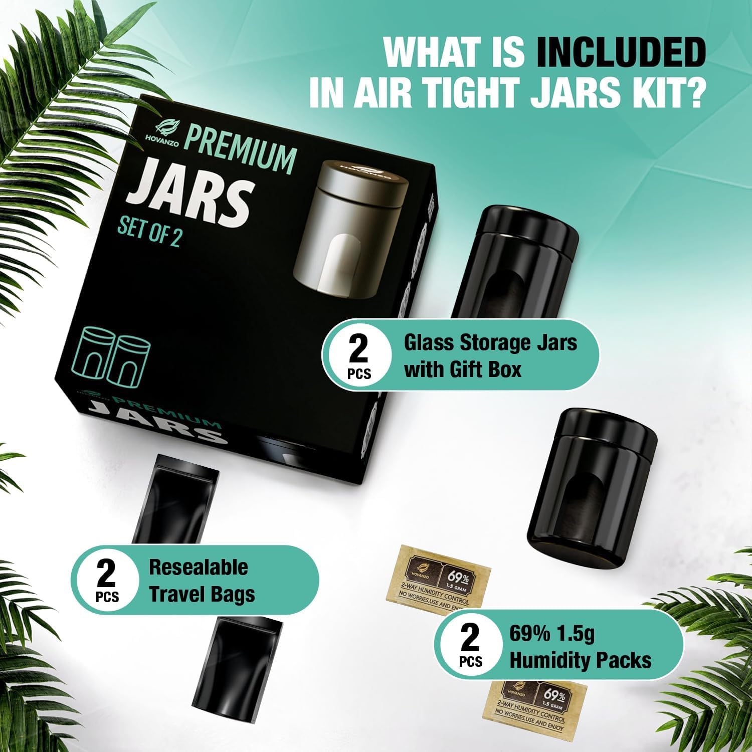 Premium Airtight Glass Storage Jars 500ml, 2 Pack, with 69% Humidity Control Packs - UV Air Tight Jars with Child-Resistant Lid - Airtight Jar Container, Air Tight Storage,Storage Jars for Herb/Spice