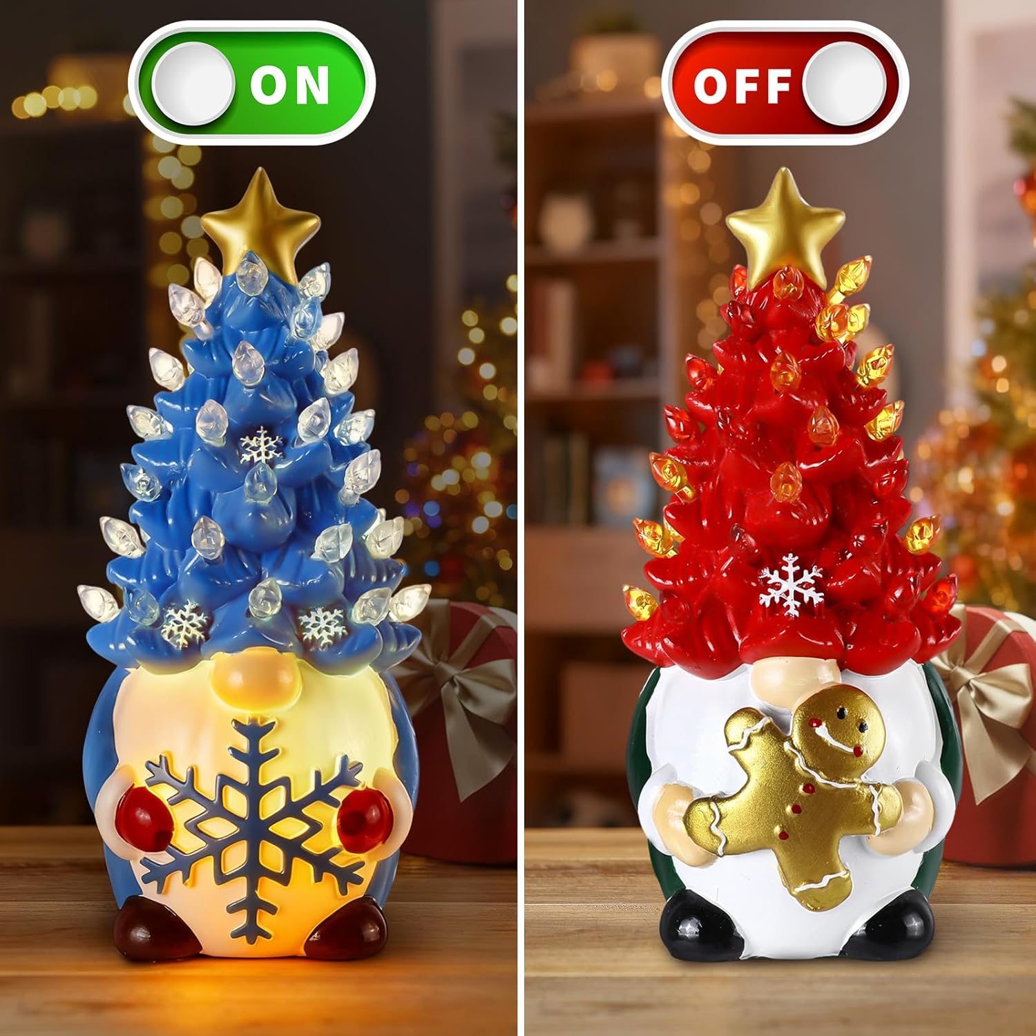 Riakrum Gnome Christmas Tree Decor - Lighted Gingerbread & Snowflakes | 6.5” Resin Indoor Centerpieces