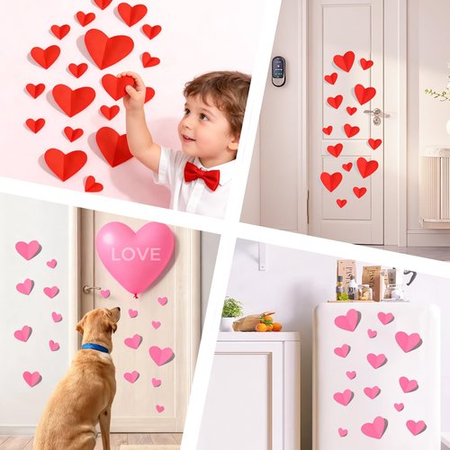 74 Pcs Valentine's Day Decoration, 3D Red and Pink Heart Valentine Wall Stickers, Waterproof Wall Decals, for Wedding Anniversary Party Bedroom School Office (Valentines)