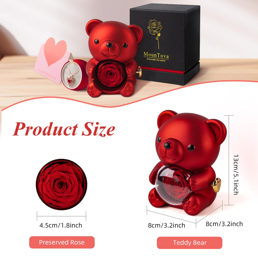 mountova Romantic Teddy Bear with Preserved Rose, Real Rose in Elegant Gift Box with Necklace for Women, Bear Roses Gifts for Mother's Day,Weddings,Valentine's Day,Anniversary,Birthday, Red