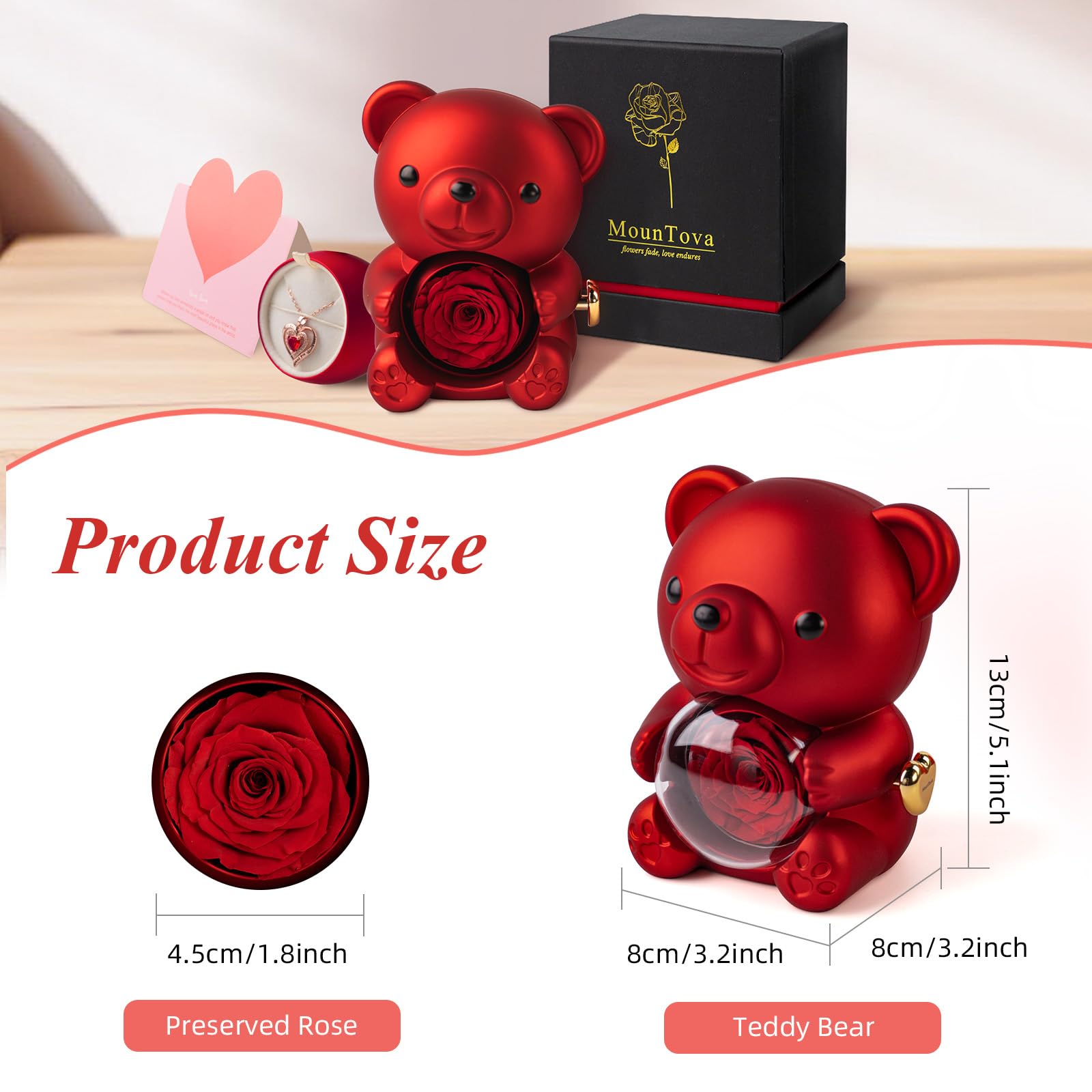 mountova Romantic Teddy Bear with Preserved Rose, Real Rose in Elegant Gift Box with Necklace for Women, Bear Roses Gifts for Mother's Day,Weddings,Valentine's Day,Anniversary,Birthday, Red