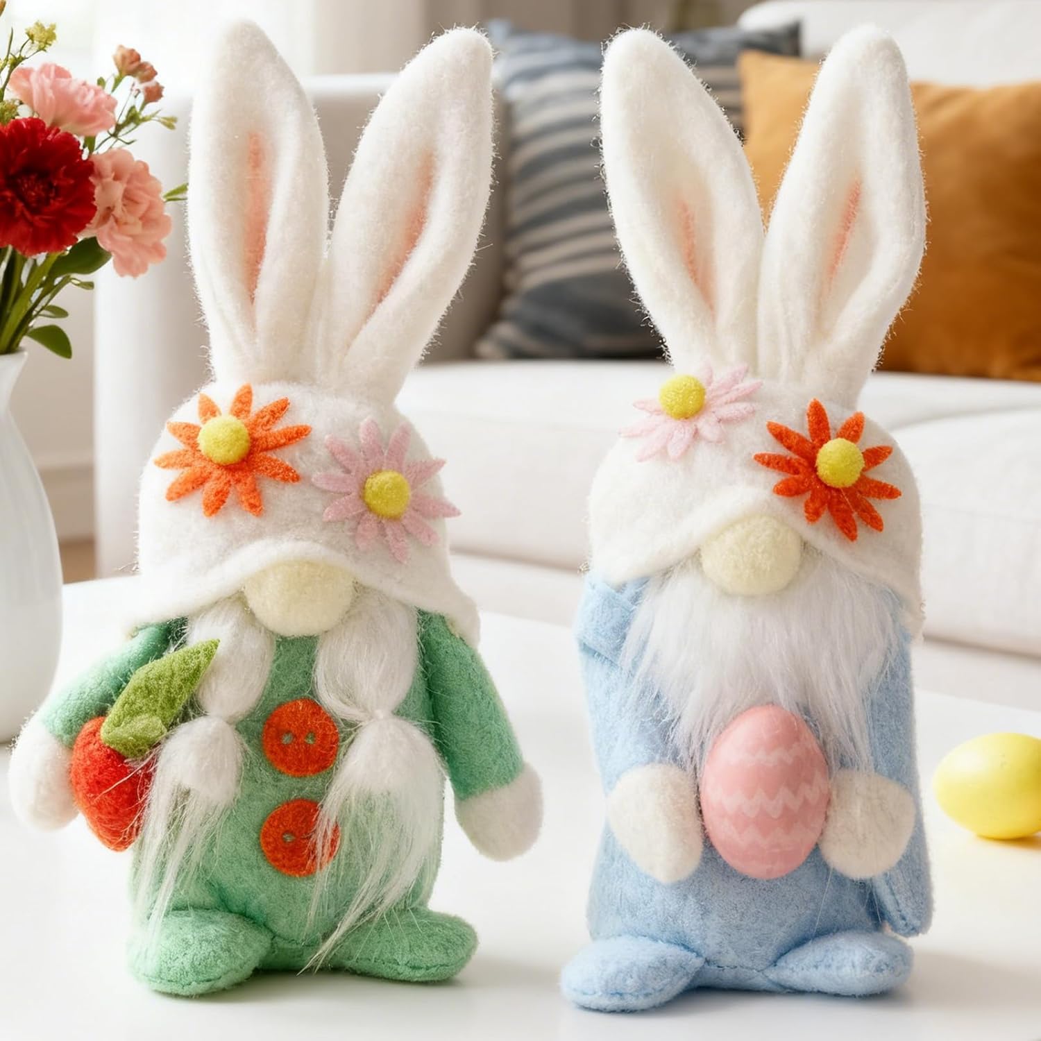 WDS Wondrous Easter Decorations - 2-Pc Soft Bunny Gnome Dolls with Carrot & Egg | Cute Spring Decor for Home