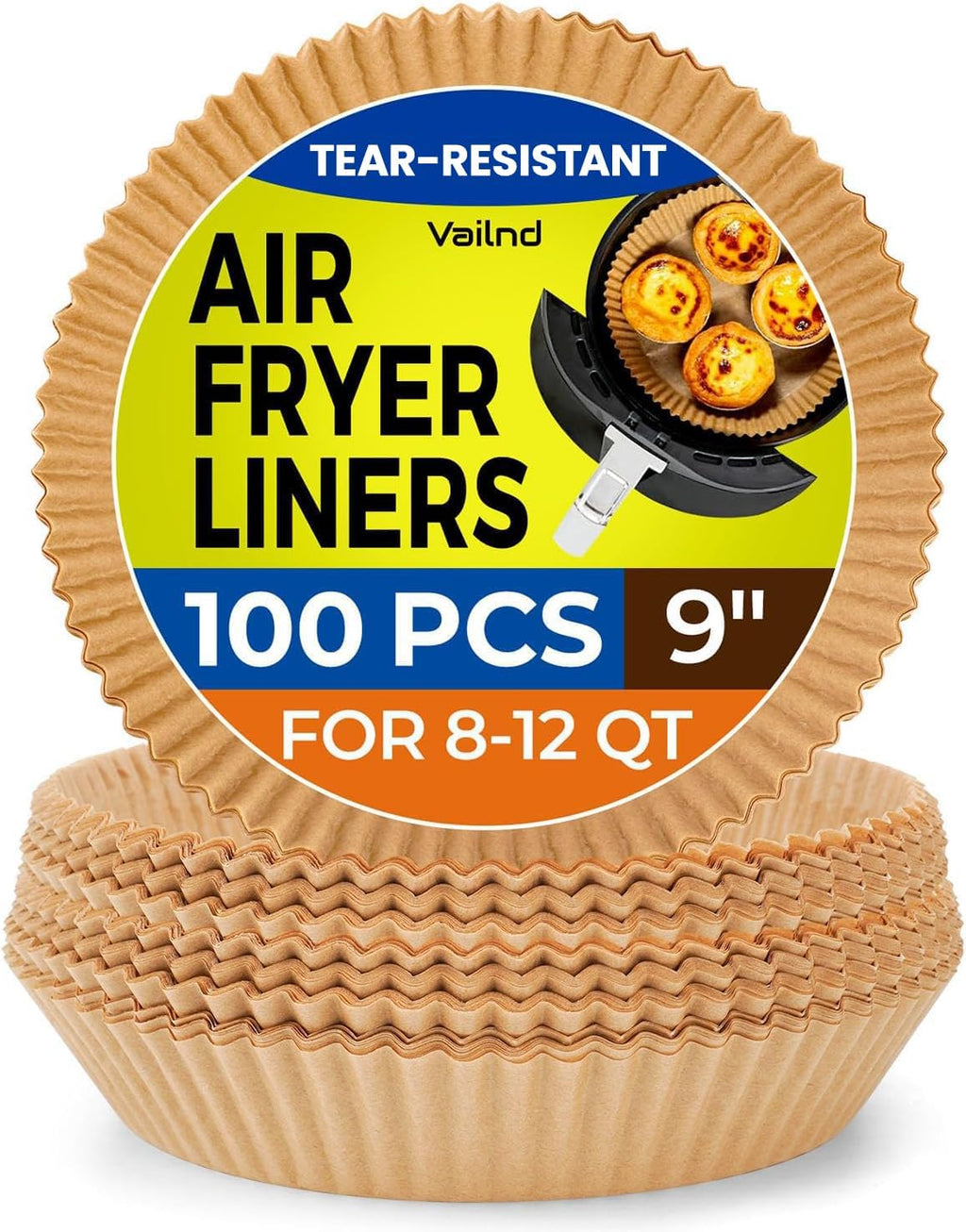 Vailnd Disposable Air Fryer Paper Liners - 100 Pcs Oil-Proof Round Baking Paper for 8-12 QT Air Fryers | 9 Inch Size
