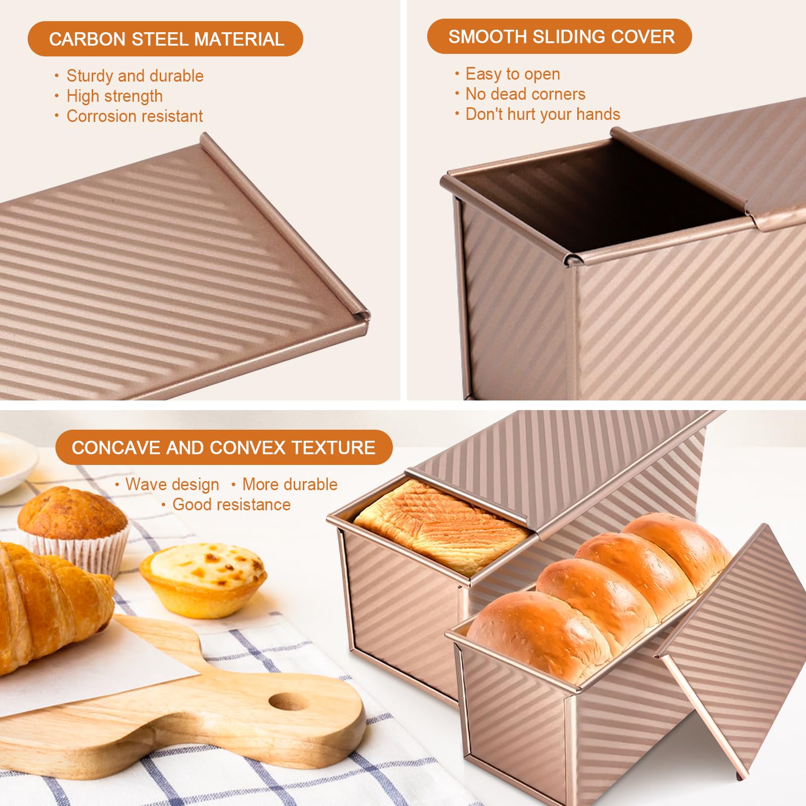 Dipanist 2Pack Large Bread Pan with Lids – 2.2LB Dough Capacity, Non-Stick Carbon Steel Bread Pans for Homemade Sandwich and Sourdough Bread, Corrugated Toast Mold(Gold)
