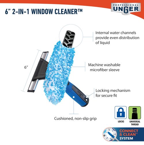 Unger Professional Connect and Clean 2-in-1 Squeegee and Scrubber, 6” Window Cleaning Tool, Commercial and Residential Use, Washer Cleaner Supplies to Remove Excess Water and Dry