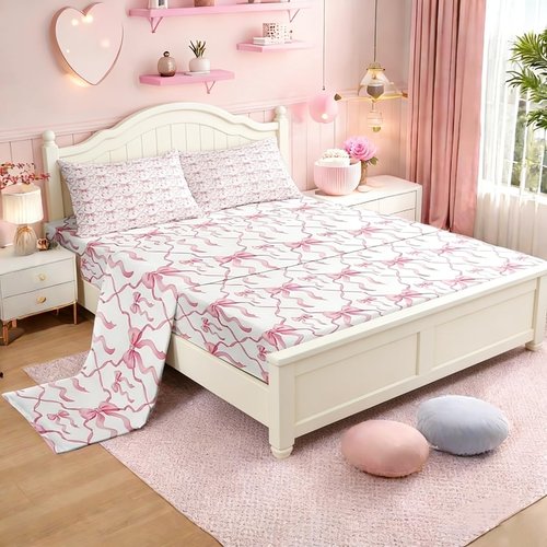 Erosebridal Pink Bow Bed Sheets for Kids Teen Women,Cute Ribbon Bowknot Full Bedding Sets for Girls Kawaii Watercolor Bow Tie Sheet Set,Pink White Princess Bow Bed Sheet Set 4 Piece
