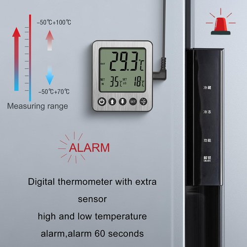 Refrigerator Thermometer Freezer Alarm Digital Freezer Thermometer Fridge Thermometer with Extra Sensor high and Low Temperature Alarm 2pcs White zz10