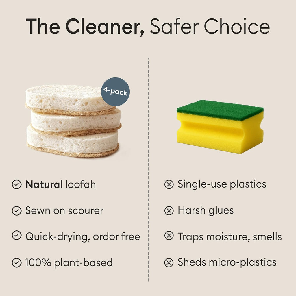 Vove Eco-Friendly Scrub Sponges - Natural Loofah & Cotton | 4 Pack for Kitchen & Bathroom Cleaning
