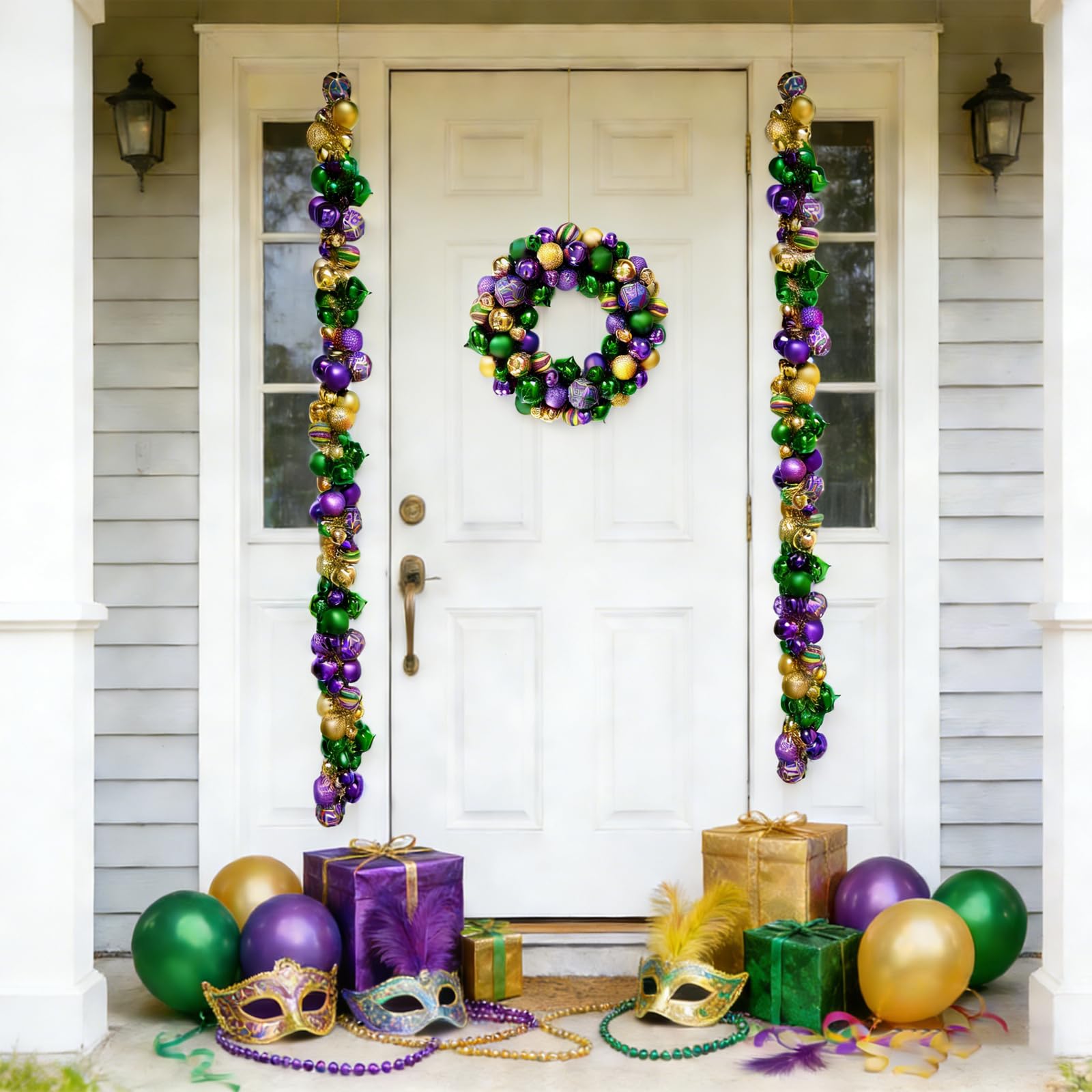 6 Ft Mardi Gras Garland with Purple Green Gold Glitter Balls, Carnival Bead Decor for Front Door, Mantel, Wall and Fireplace, Festive Fat Tuesday Indoor Outdoor Party Supplies