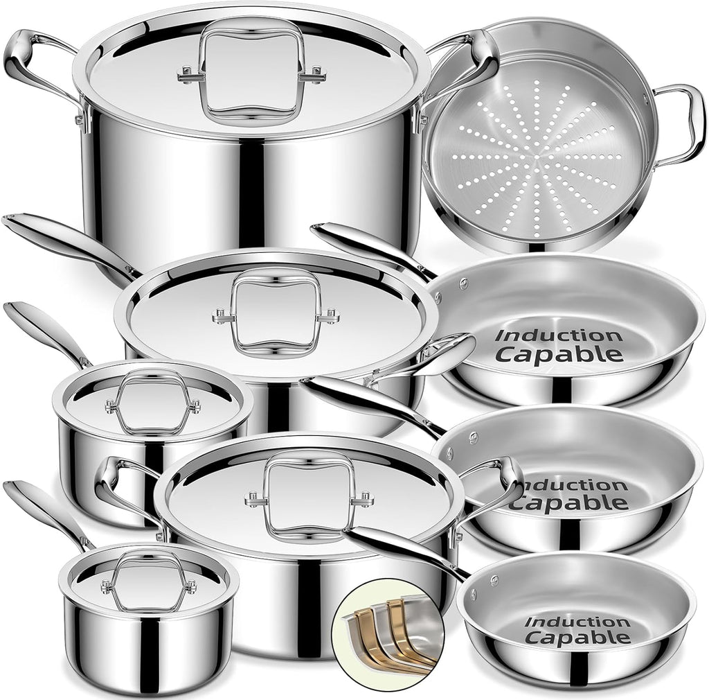 Umite Chef Stainless Steel Cookware Set - 14 Piece Induction-Ready, Heavy-Duty & Oven Safe | Professional Quality, PFOA-Free