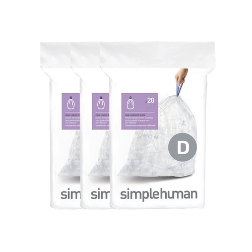 simplehuman Code D Custom Fit Drawstring Trash Bags in Dispenser Packs, 60 Count, 20 Liter / 5.3 Gallon, Clear