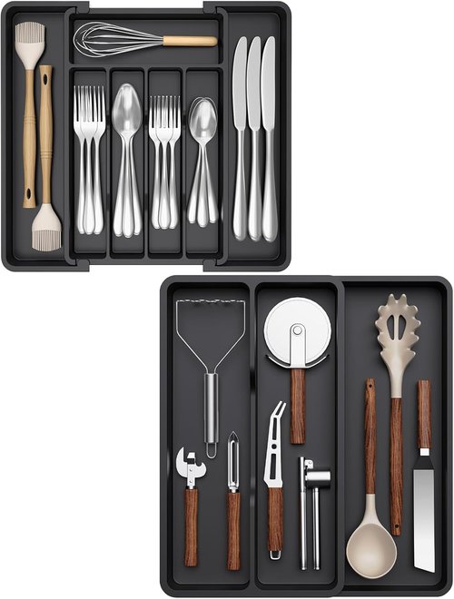 Lifewit Drawer Organizer Set – Expandable Cutlery Storage for Silverware & Kitchen Utensils | BPA-Free, Black