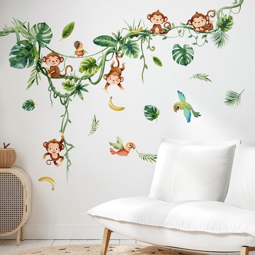 Supzone Monkey Climbing Tree Wall Decals Jungle Animals Birds Stickers Vine Green Leaves Art Decor for Baby Nursery Kids Room Living Room