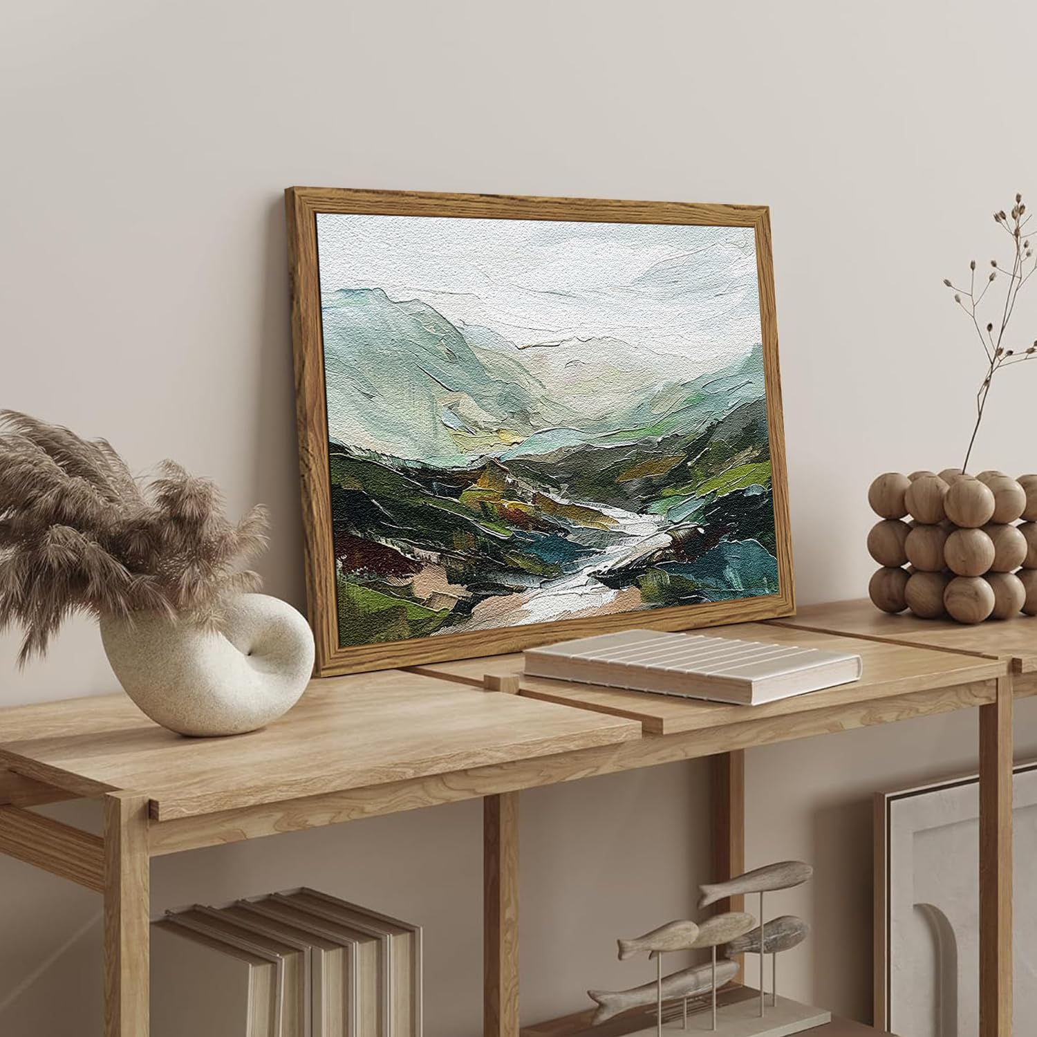Skiennix 3D Textured Mountain Wall Art - Abstract Green Landscape Decor | Hand-Drawn Sandstone 12x16 Inch