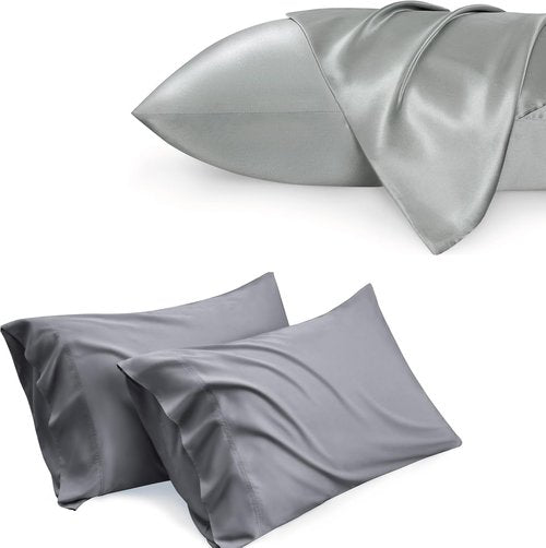 Bedsure Silver Grey Satin Pillowcase - Luxurious Hair & Skin Care | Queen Size Bundle