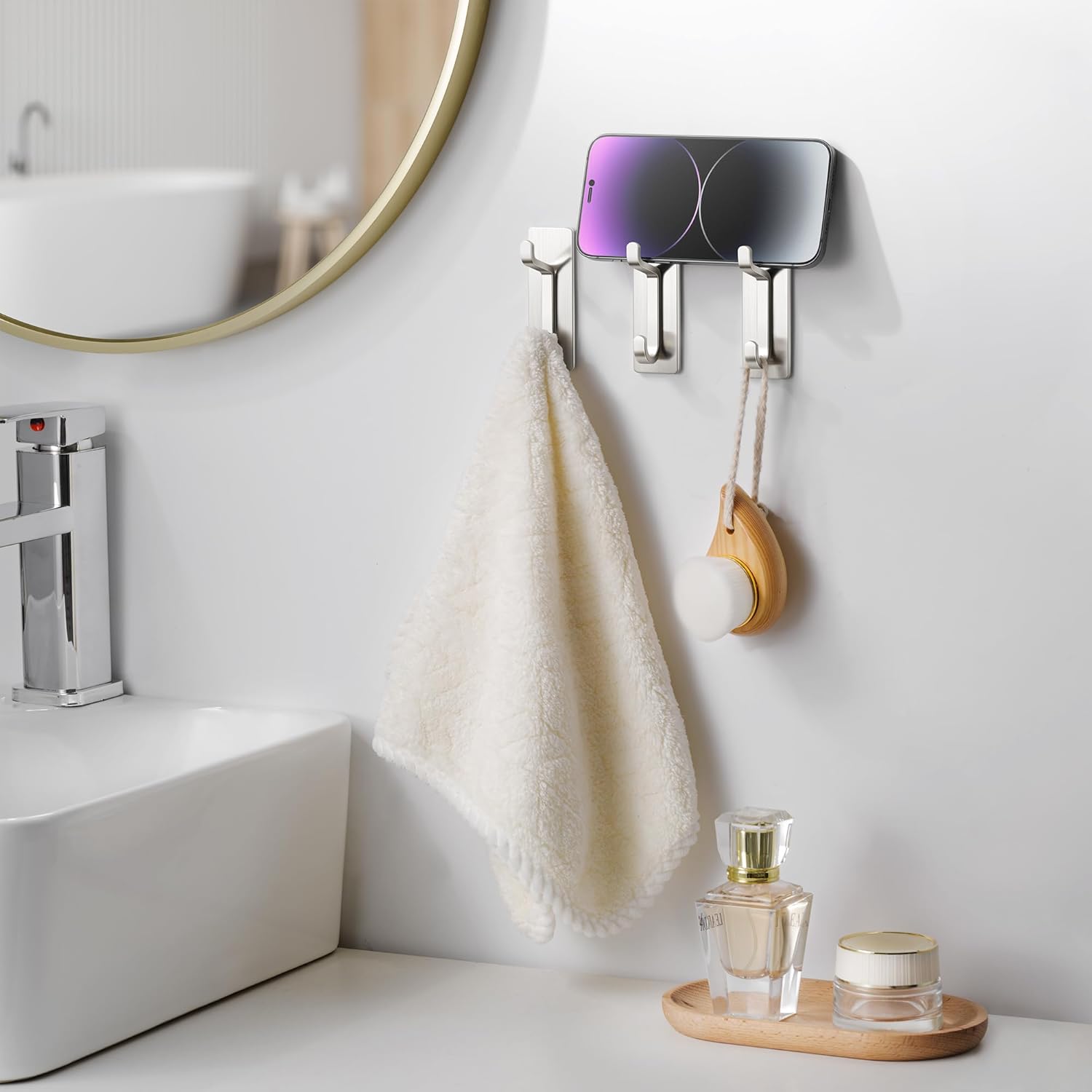 Pickpiff Wall Hooks - 13LB Strong Adhesive Coat & Towel Hangers | Brushed Nickel, 12 Pack