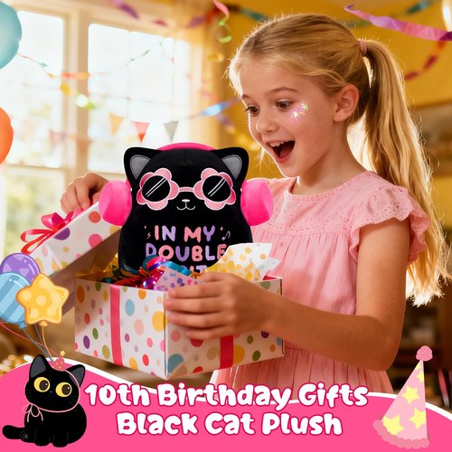 LSYDCARM 10 Year Old Girl Gifts, in My Double Digits Era Black Cat Plush for 10th Birthday, Black Cat Stuffed Animal Birthday Gifts for 10 Year Old Girl