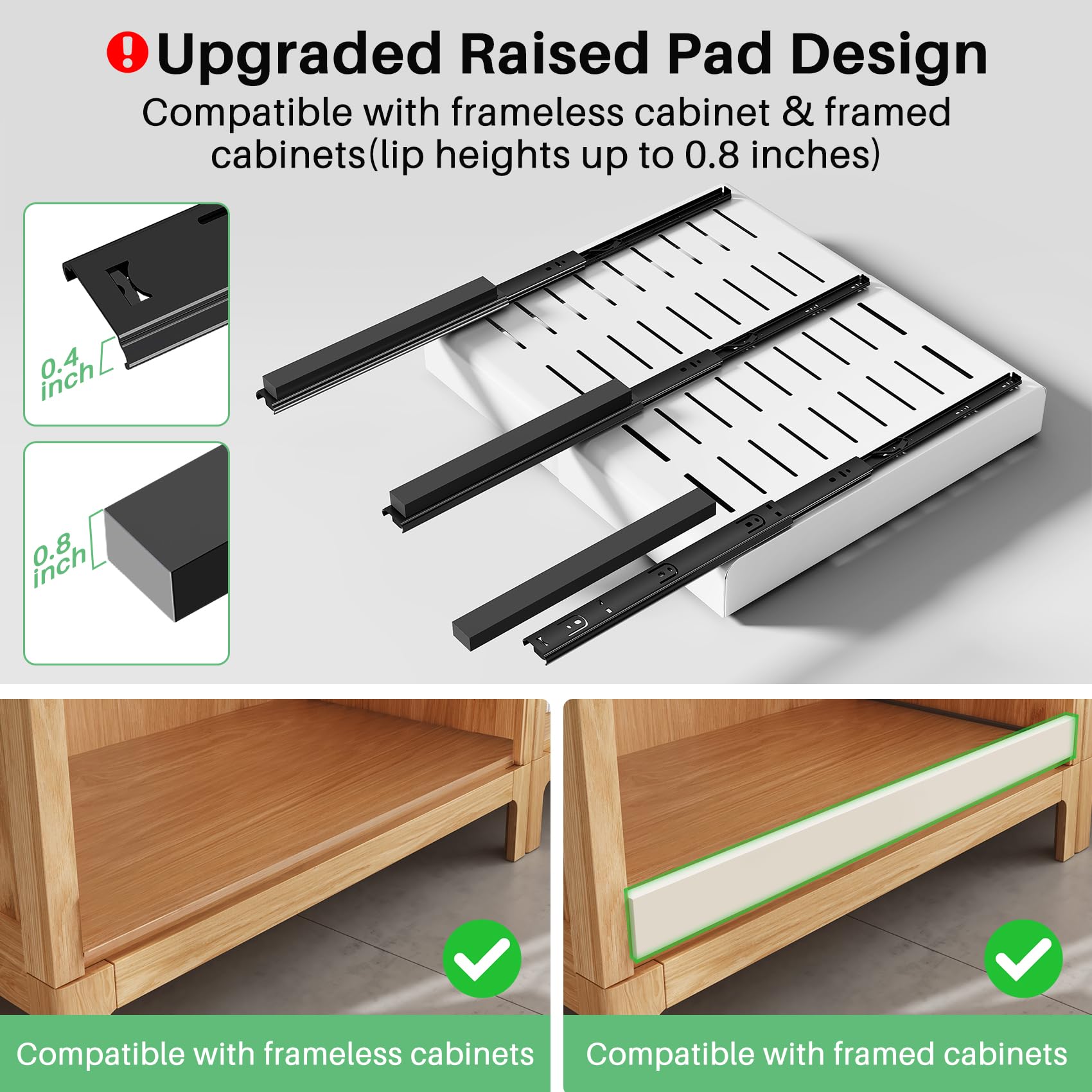 Pull out Cabinet Organizer, Wider Expandable(14"-24") Heavy Duty Slide out Drawers Fixed with Adhesive Nano Film for Pots, Roll out Shelf Storage for Kitchen Cabinet Organization(White-1pc)(3 Rails)