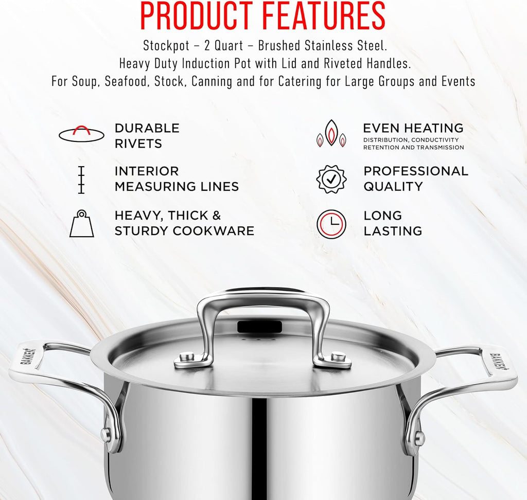 Stainless Steel Stockpot by [Brand Name] - 2 Quart Durable Cookware with Impact-Bonded Base & Riveted Handles