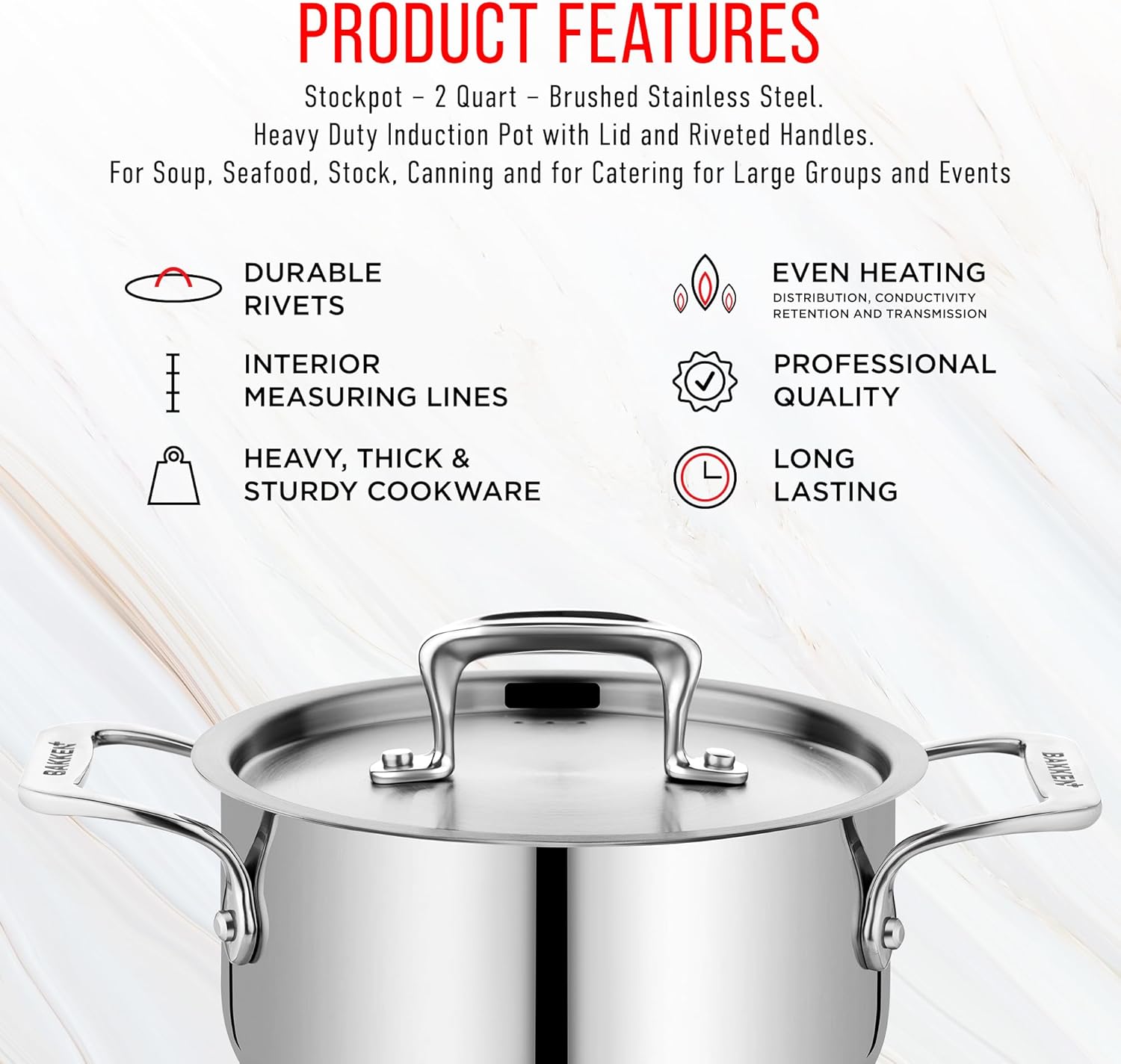 Stainless Steel Stockpot by [Brand Name] - 2 Quart Durable Cookware with Impact-Bonded Base & Riveted Handles