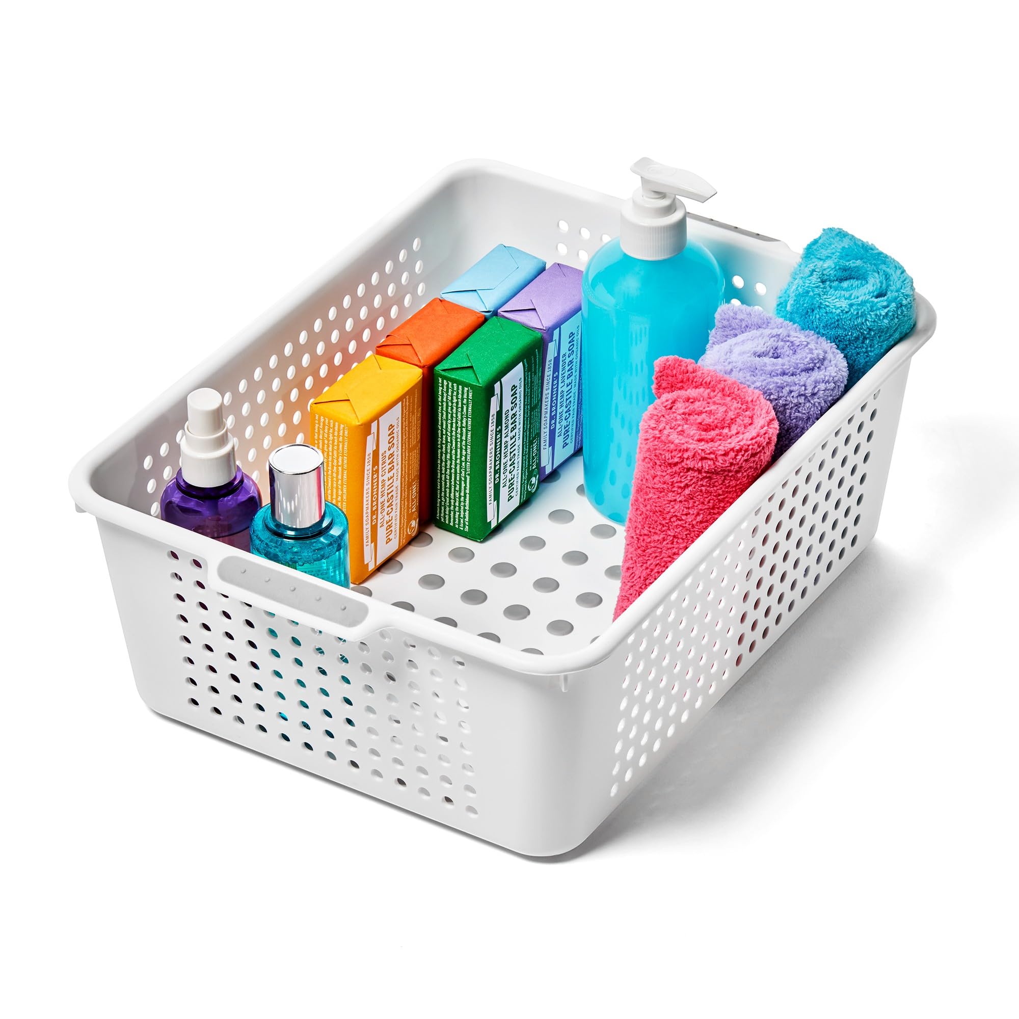 madesmart Medium Storage Basket, Multipurpose Organizer with Soft-Grip Handles, Ventilated Design for Laundry, Bath & Kitchen Storage, White, 14 x 10 x 5"