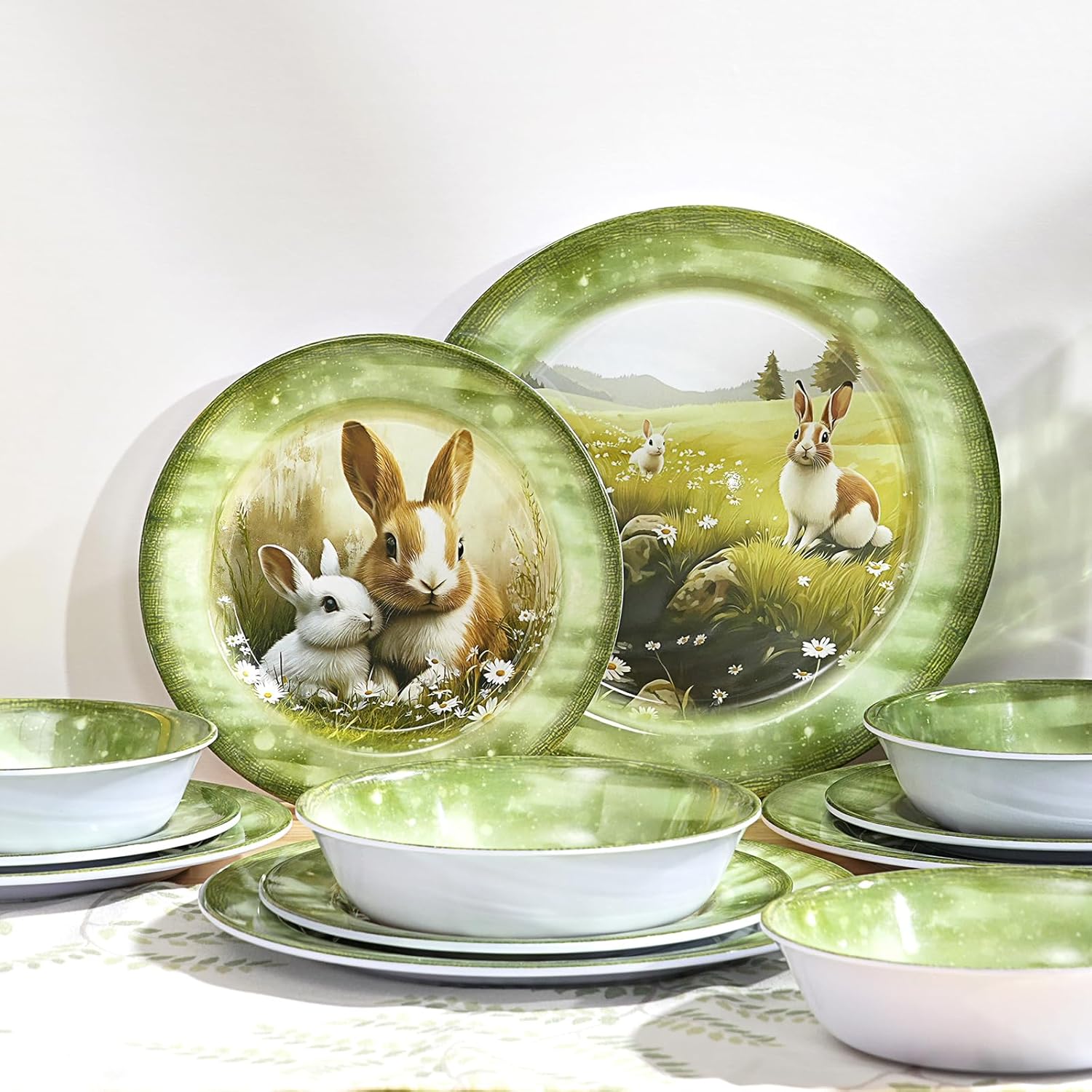 Skiennix 12-Piece Melamine Dinnerware Set - Lightweight Shatterproof Plates & Bowls for 4 | Green Bunny Design, Ideal for Picnics & Outdoor Parties