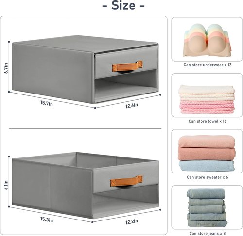 DIMJ Closet Organizers - Foldable Fabric Bins with Clear Window, Stackable Storage Drawers, 4-Pack, Grey