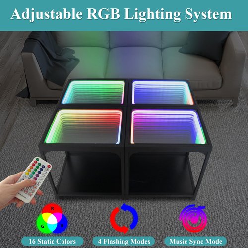FUSLITE Infinity Mirror Light Table, Coffee Tables for Living Room, with 3D Infinity Illusion Mirror, RGB Side Table, with Tunnel Light, with Futuristic Decor, for Bedroom, Party