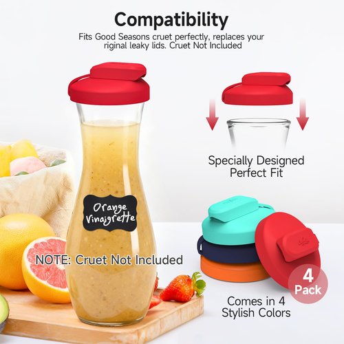 CHEFAID Silicone Replacement Lids Fit Good Seasons Cruet, Shake It No Spills, Pour Spout Lids for Salad Dressing Shaker Bottle with Labels, BPA-Free & Airtight - Cruet Not Included (Mix1, 4 Pack)