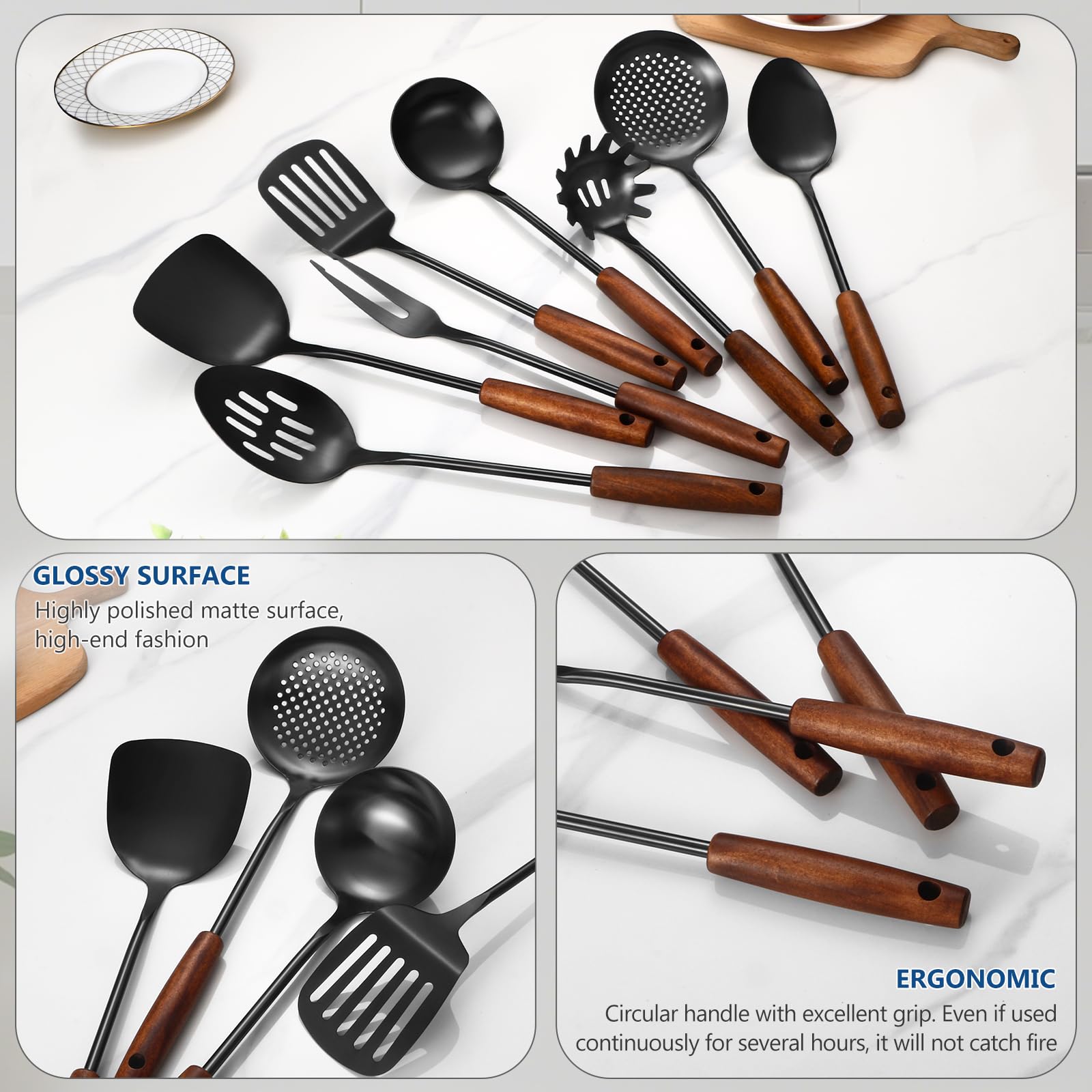 304 Stainless Steel Kitchen Utensils Set, 8 Pcs Long Cooking Utensils Set with Wooden Handle, Large Heat Resistant Kitchen Tools(Black, Dishwasher Safe)