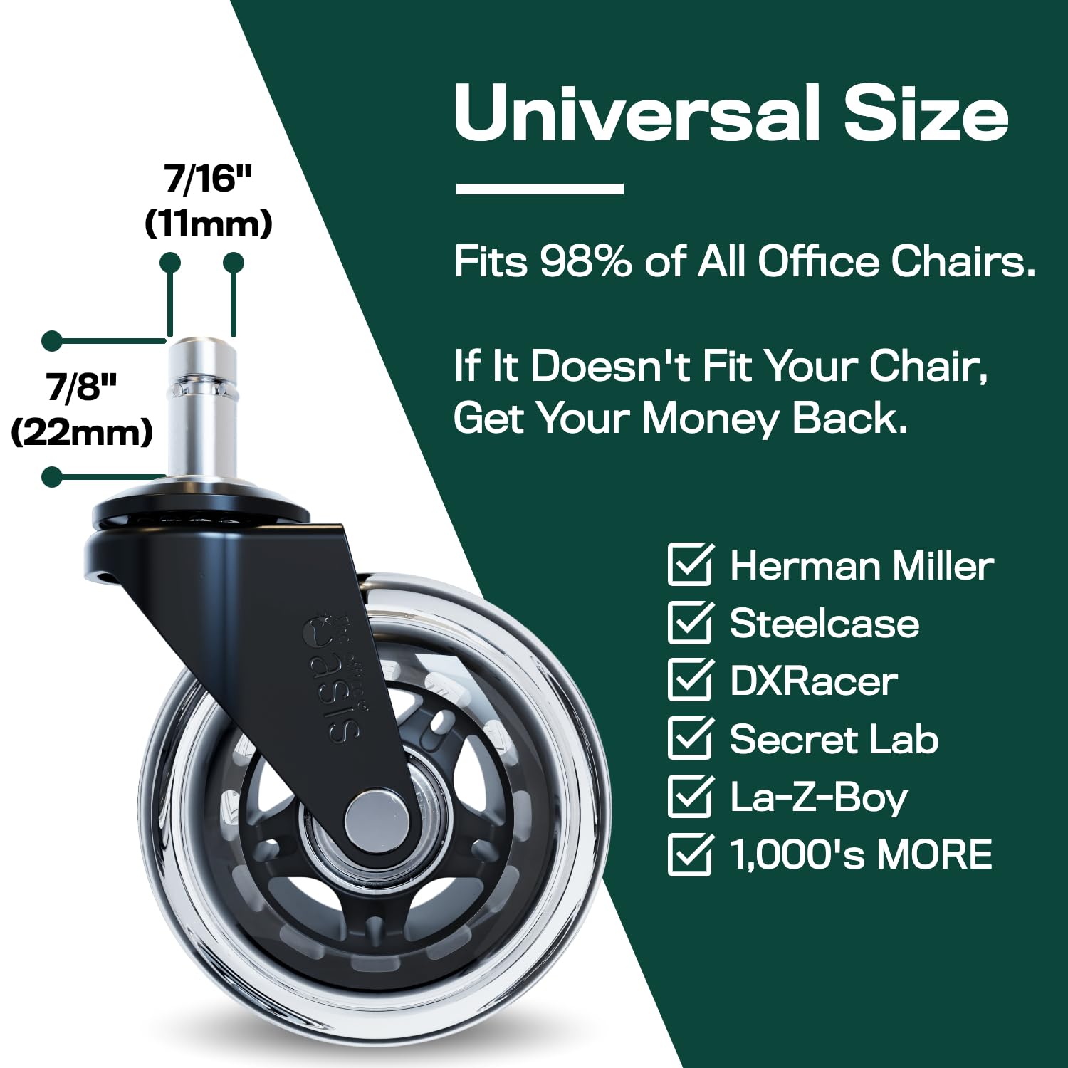 Office Oasis Rollerblade Office Chair Wheels - Smooth & Quiet Casters for Hardwood & Carpet - Set of 5