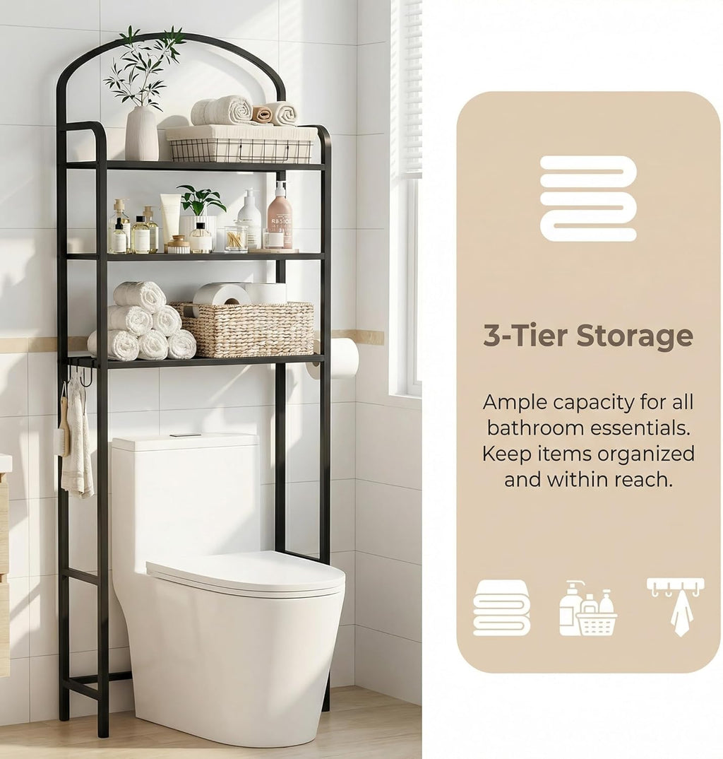 Regine Switzerland Over The Toilet Storage Rack - 3-Tier Bathroom Organizer with Hooks & Paper Holder - Black Metal Shelf