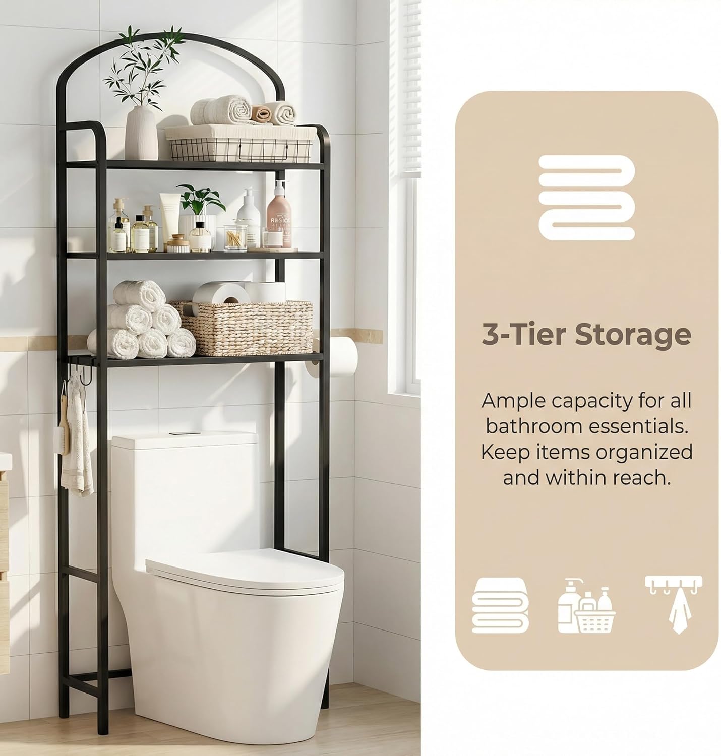 Regine Switzerland Over The Toilet Storage Rack - 3-Tier Bathroom Organizer with Hooks & Paper Holder - Black Metal Shelf