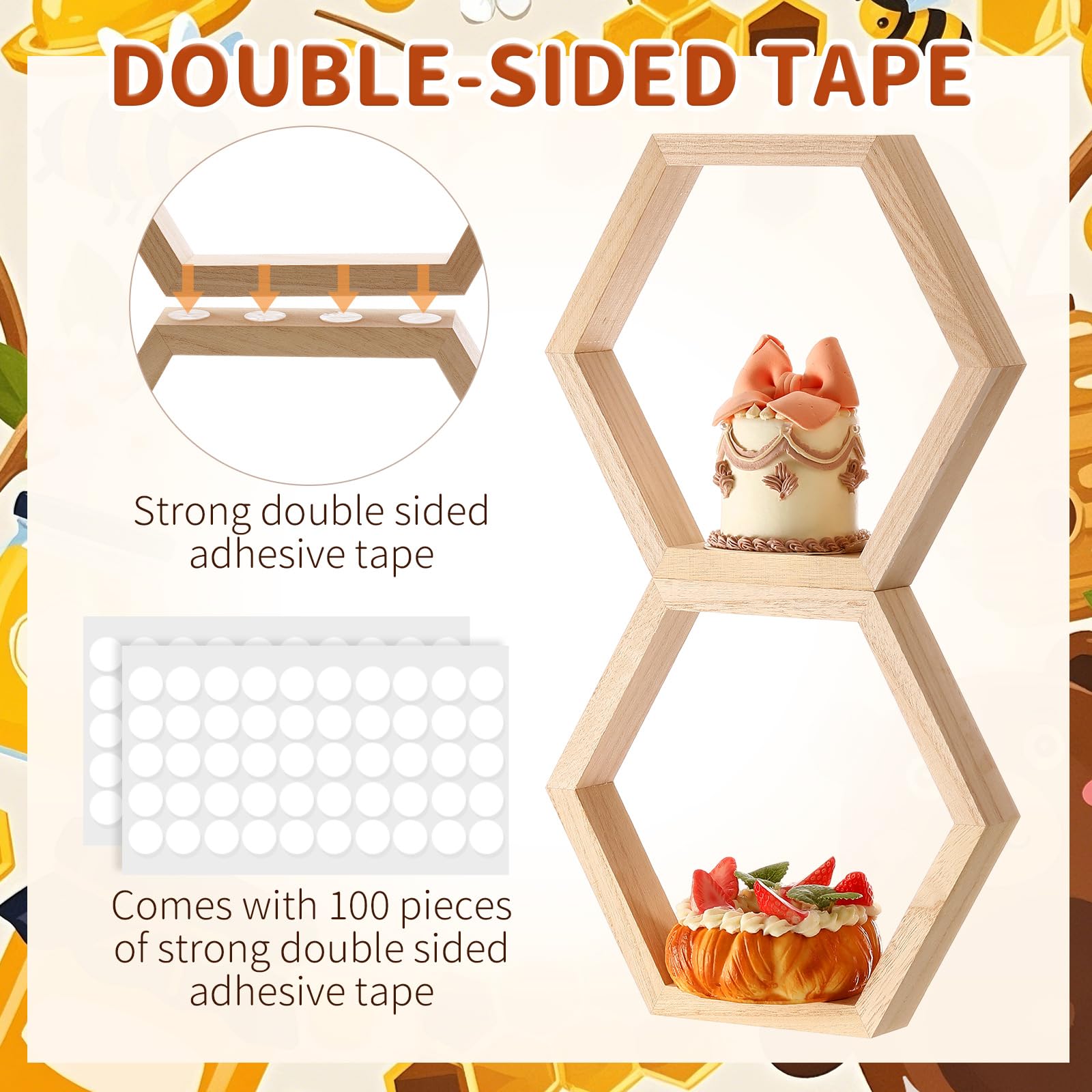 Gerrii 10 Pcs Honey Comb Decorations 5 Sizes Wood Hexagon Shelves Honeycomb Centerpiece Cupcake Stand Wooden Bee Hive Display Holder for Baby Shower Honeybee DIY Birthday Party Decor (Wood Color)