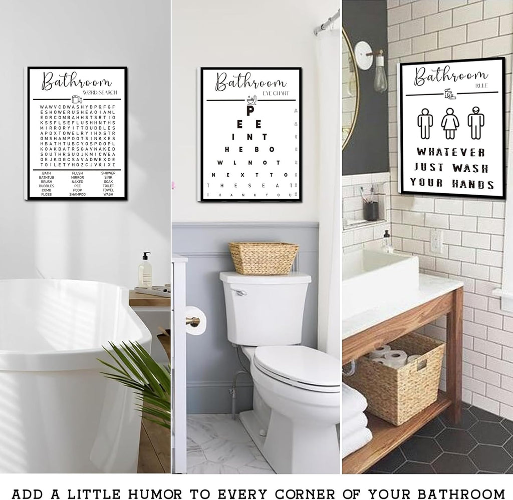 Skiennix Framed Funny Bathroom Wall Art - Black & White Word Search Pee Eye Chart | 12x16 Inches, Set of 3