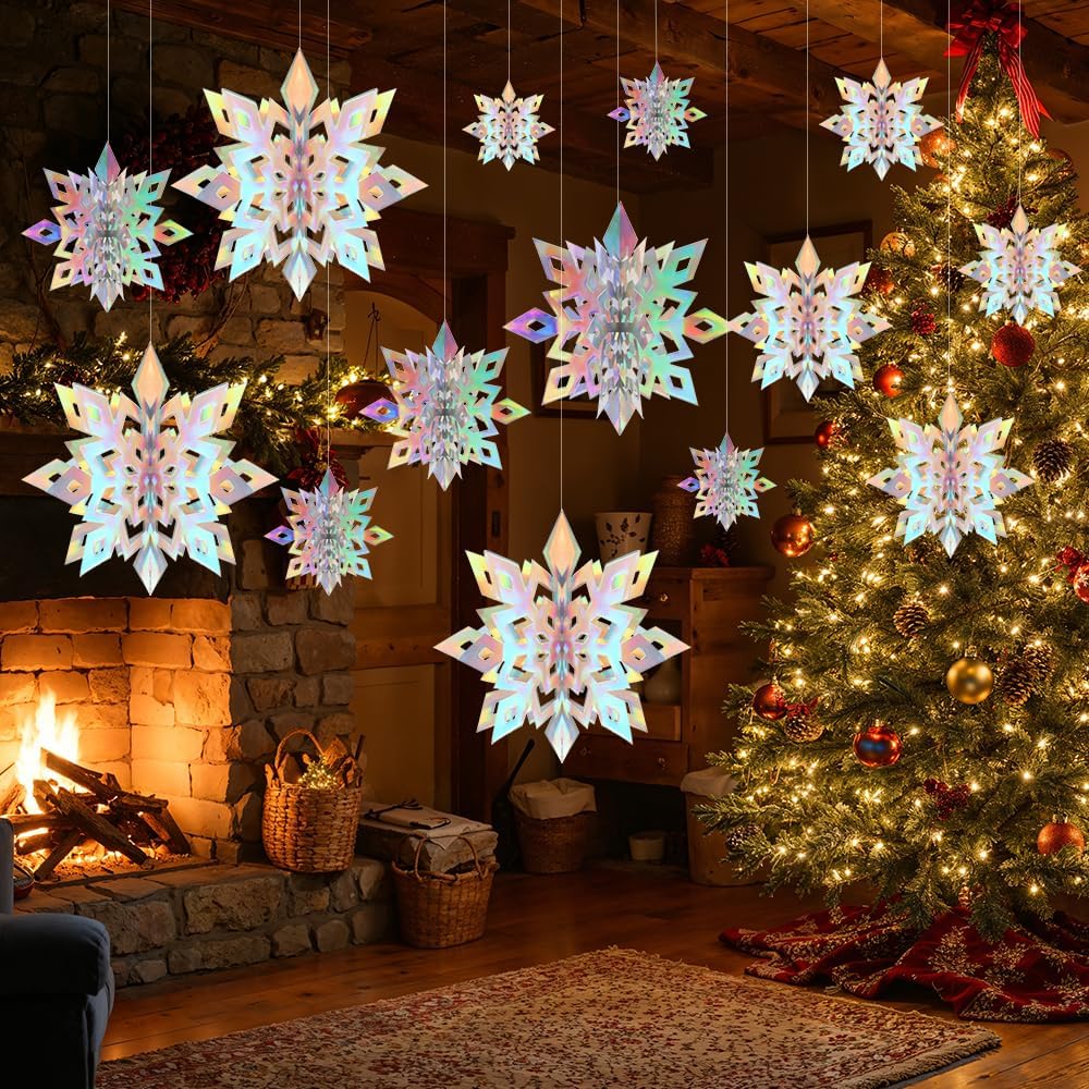 Skiennix Winter Snowflake Decorations - 12 Pcs 3D Iridescent Hanging Ornaments for Holiday Decor