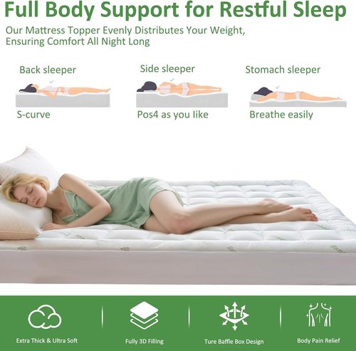 Bioeartha Cooling Mattress Topper Queen - Extra Soft Bamboo Pillow Top for Back Pain Relief | Deep Pocket Design Fits 8-21 Inch