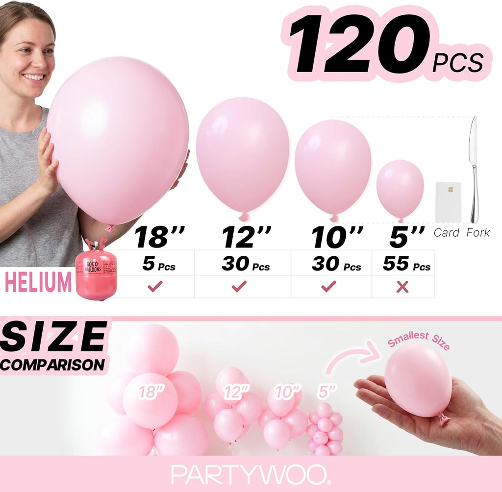 PartyWoo Light Pink Balloon Arch Kit - 120pcs in Various Sizes for Baby Showers & Birthday Parties