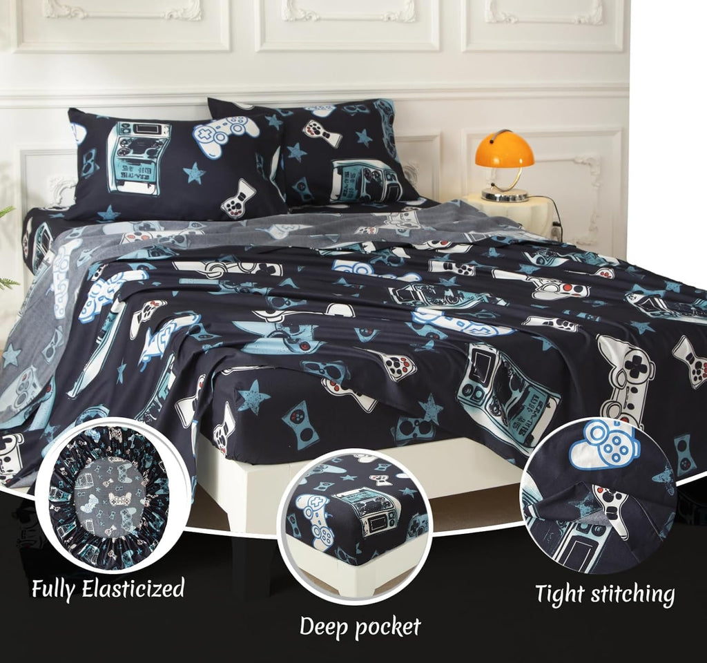 SDY 7PCS Full Gaming Console Comforter & Sheet Set，Soft Cute Gamer Microfiber Bedding for Kids, Boys & Toddlers Room Decor, Includes 1 Comforter, 1 Flat&Fitted Sheet, 2 Pillowcases & 2 Pillow Shams