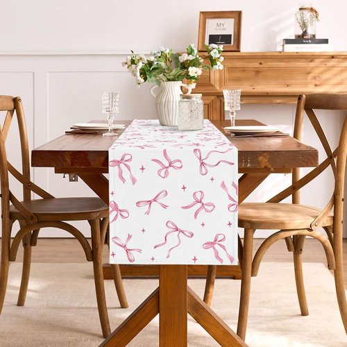 Buxiuer Pink Bow Party Table Runner Valentine's Day Coquette Girls Birthday Party Decoration Tea Wedding Baby Shower Dining Room Home Kitchen Table Decor (Pink, 13" x 72")