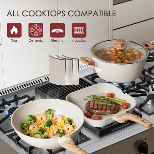 Kikcoin Nonstick Pots and Pans Set - 31 Piece Kitchen Cookware Set with Grill Pan & Utensils | Cream White