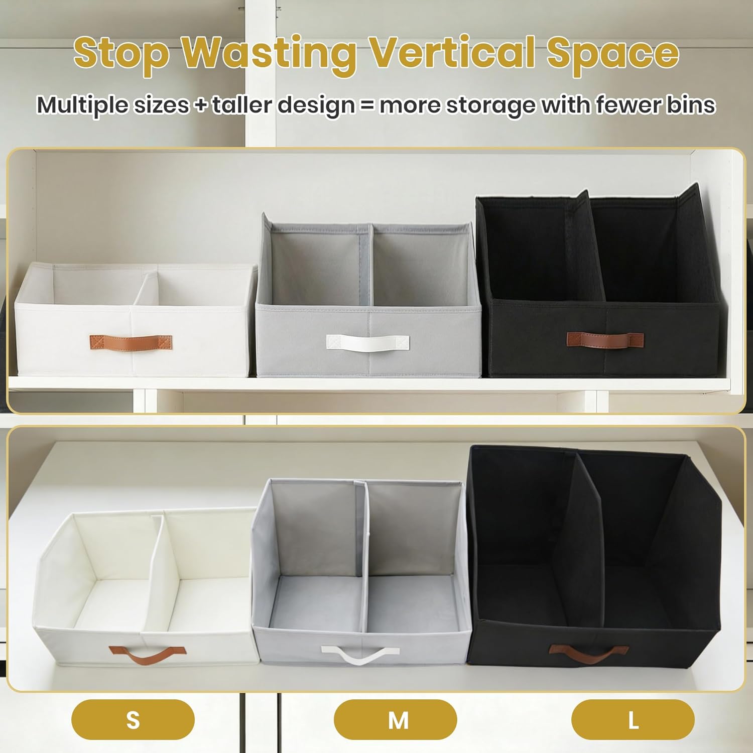Skiennix Trapezoid Storage Bins - Upgraded Height with Handles & Adjustable Dividers | 6-Piece Set, Medium, Ivory