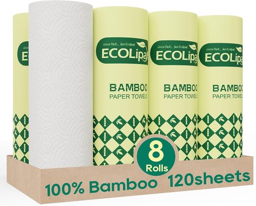 ECOlipak Bamboo Paper Towels - Soft & Absorbent 2-Ply | 8 Rolls, 120 Sheets, Plastic-Free & Compostable