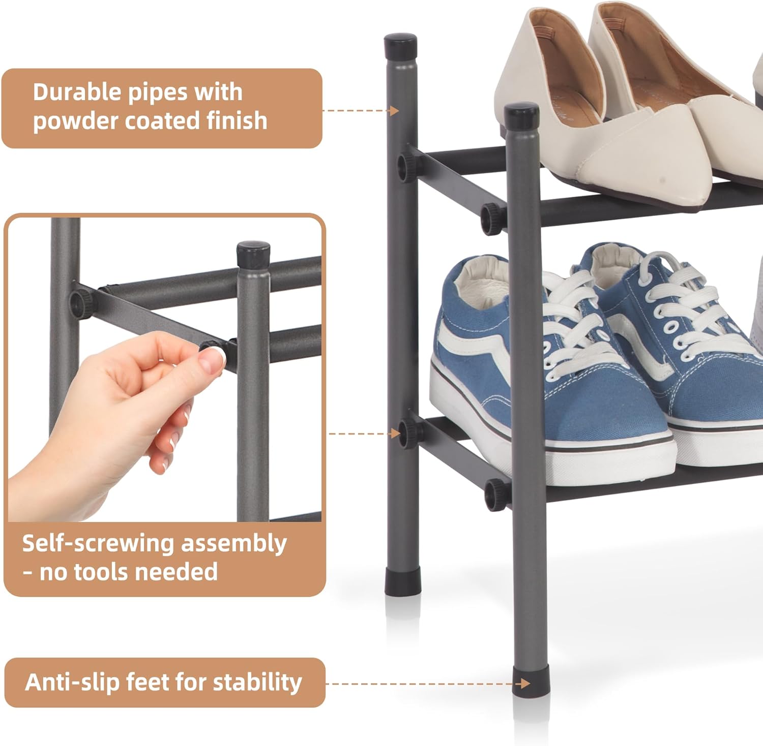 Storage Maniac Expandable Shoe Rack - 8 Pairs Stackable Metal Organizer for Closet & Entryway | Black 2 Tier