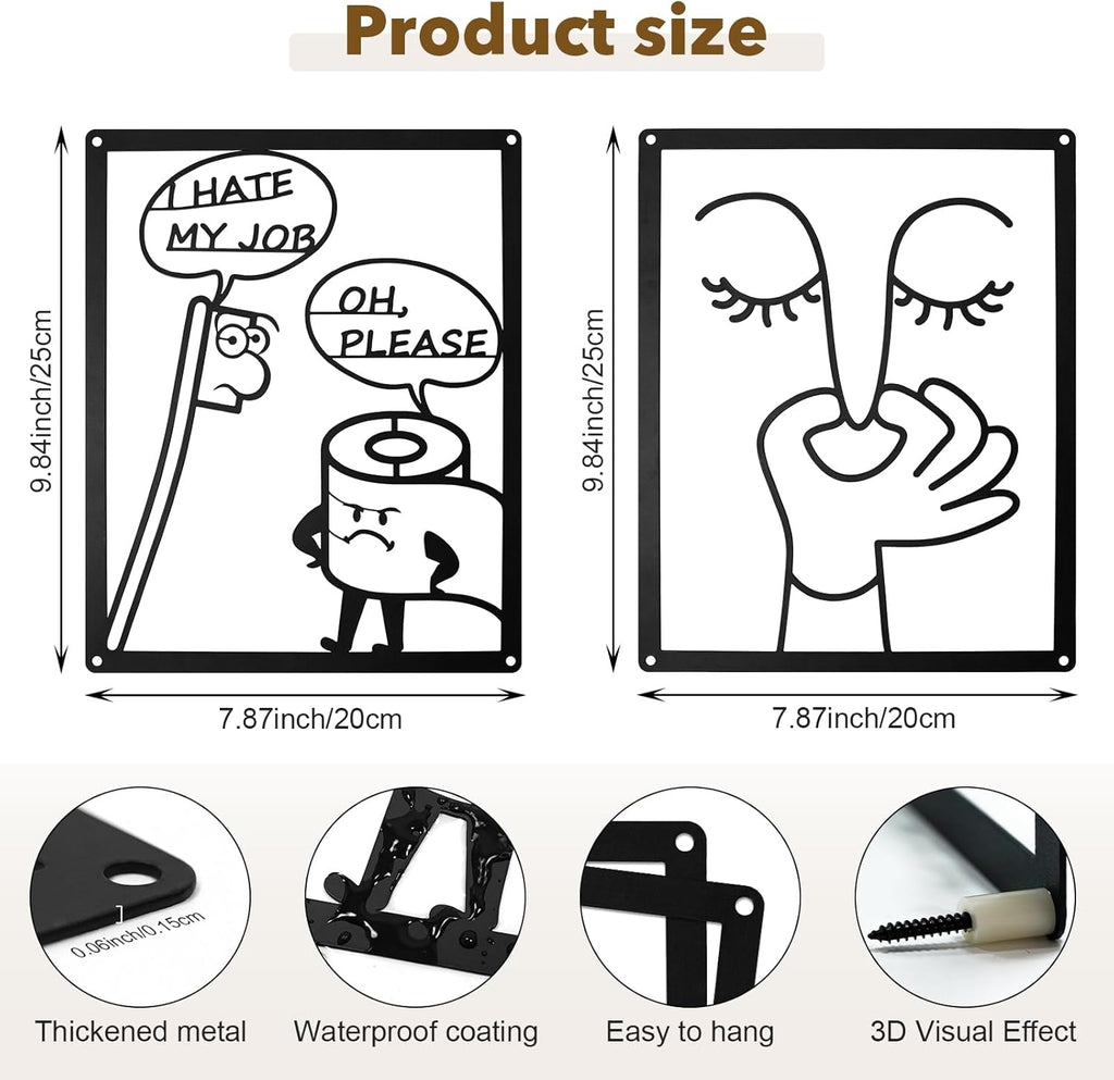 ULENDIS Funny Bathroom Wall Art Decor - Humorous Metal Face Sign for Toilet | 2 PCS Set (7.97 x 9.84 in)