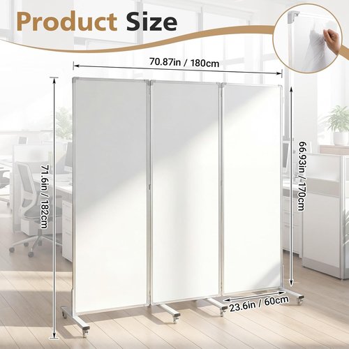 AmazingSpark Mobile Magnetic Whiteboard - 3-Section Portable Dry Erase Room Divider, 72" H x 24" W