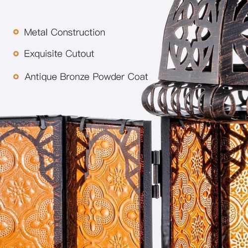 **DECORKEY Moroccan Lanterns Set of 2 - Vintage Metal Candle Holders for Indoor & Outdoor Decor (11’’ Amber)**